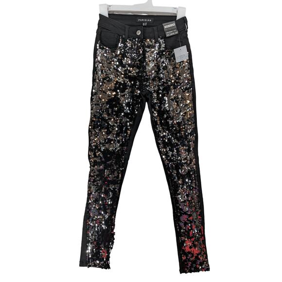 Parisian Sequin Jeans Womens 2 Black Silver Skinny Concert Mid Rise Embellished - Picture 12 of 13
